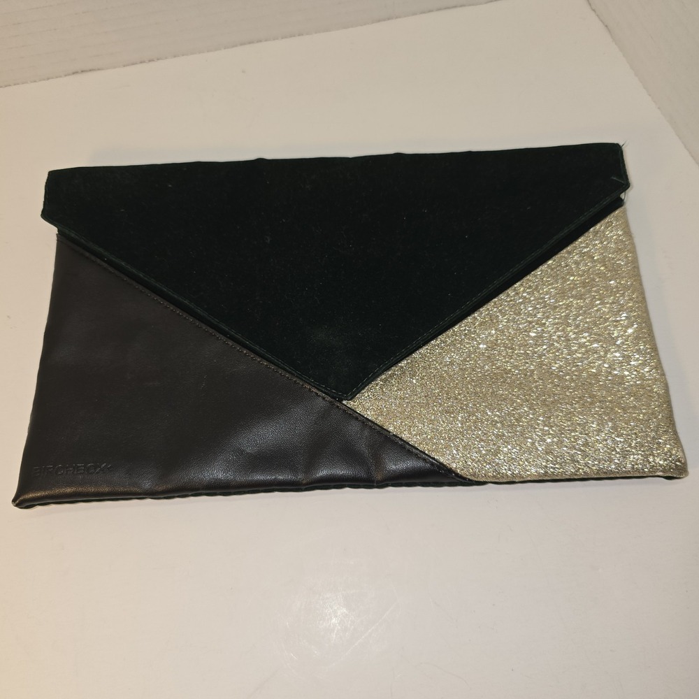 Birchbox Women's Envelope‎ Clutch Black Gold Glitter Faux Leather